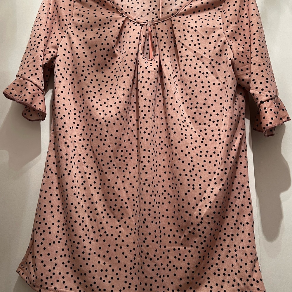 NWT NEW Size Large Dusty Rose Pink Polka Dot Blouse Shirt 3/4 ruffle Sleeve